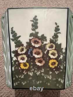 Antique Art Deco Green Frosted Ceiling Lamp Shade Hollyhocks Flowers