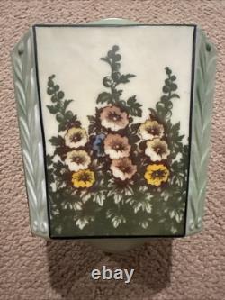 Antique Art Deco Green Frosted Ceiling Lamp Shade Hollyhocks Flowers