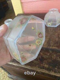 Antique Art Deco/Nouveau Reverse Painted Flowers Frosted Paneled Light Shade Set