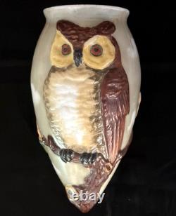 Antique Art Glass Shade With An Owl, Leaves & Moon Decorations. Rare