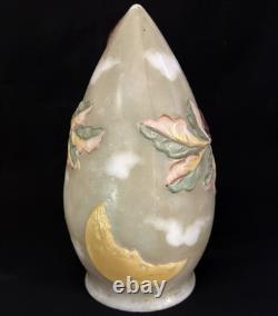 Antique Art Glass Shade With An Owl, Leaves & Moon Decorations. Rare