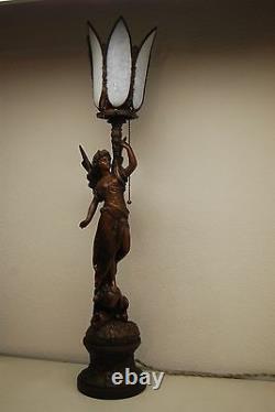 Antique Art Nouveau Deco French Austrian Bronze Gas Slag Glass Shade Erotic Lamp