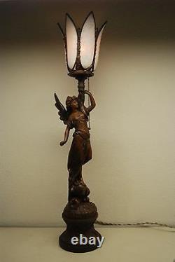 Antique Art Nouveau Deco French Austrian Bronze Gas Slag Glass Shade Erotic Lamp