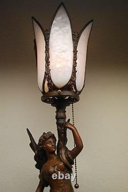 Antique Art Nouveau Deco French Austrian Bronze Gas Slag Glass Shade Erotic Lamp