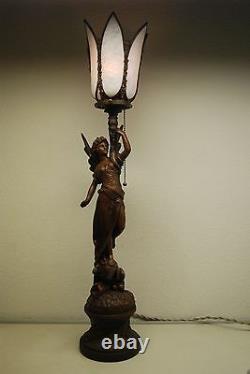 Antique Art Nouveau Deco French Austrian Bronze Gas Slag Glass Shade Erotic Lamp