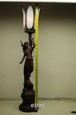 Antique Art Nouveau Deco French Austrian Bronze Gas Slag Glass Shade Erotic Lamp