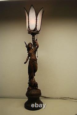 Antique Art Nouveau Deco French Austrian Bronze Gas Slag Glass Shade Erotic Lamp