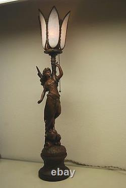 Antique Art Nouveau Deco French Austrian Bronze Gas Slag Glass Shade Erotic Lamp