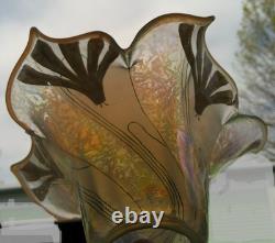 Antique Art Nouveau Iridescent Painted Blown Glass Pendant Pan Light Shade