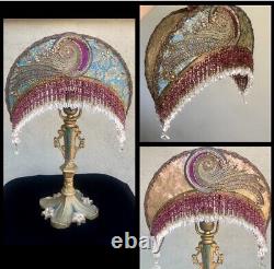 Antique Art Nouveau Victorian Lamp Crescent Moon Shade Beaded Fringe Hand Sewn