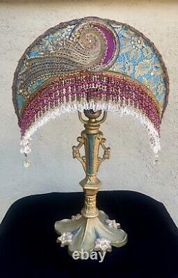 Antique Art Nouveau Victorian Lamp Crescent Moon Shade Beaded Fringe Hand Sewn