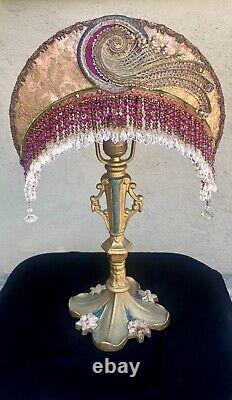 Antique Art Nouveau Victorian Lamp Crescent Moon Shade Beaded Fringe Hand Sewn