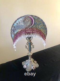 Antique Art Nouveau Victorian Lamp Crescent Moon Shade Beaded Fringe Hand Sewn