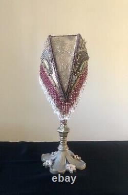 Antique Art Nouveau Victorian Lamp Crescent Moon Shade Beaded Fringe Hand Sewn