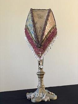 Antique Art Nouveau Victorian Lamp Crescent Moon Shade Beaded Fringe Hand Sewn