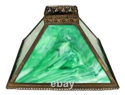 Antique Arts & Crafts Green White Slag Swirl Glass Lamp Shade Filigree Metal