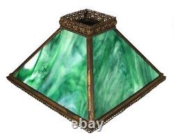 Antique Arts & Crafts Green White Slag Swirl Glass Lamp Shade Filigree Metal