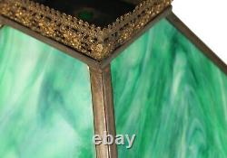 Antique Arts & Crafts Green White Slag Swirl Glass Lamp Shade Filigree Metal