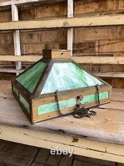 Antique Arts & Crafts Hanging Light Lamp Copper Frame Green Slag Glass Shade