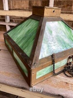 Antique Arts & Crafts Hanging Light Lamp Copper Frame Green Slag Glass Shade