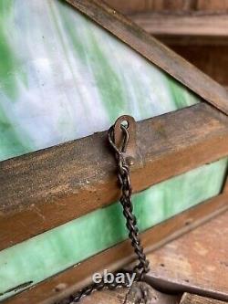 Antique Arts & Crafts Hanging Light Lamp Copper Frame Green Slag Glass Shade