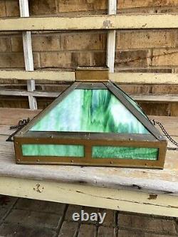 Antique Arts & Crafts Hanging Light Lamp Copper Frame Green Slag Glass Shade