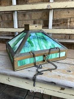 Antique Arts & Crafts Hanging Light Lamp Copper Frame Green Slag Glass Shade