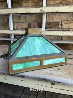 Antique Arts & Crafts Hanging Light Lamp Copper Frame Green Slag Glass Shade