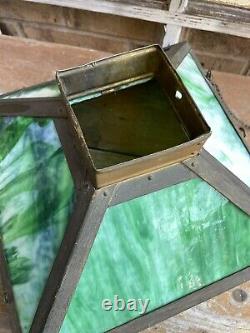 Antique Arts & Crafts Hanging Light Lamp Copper Frame Green Slag Glass Shade