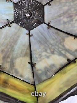 Antique Arts & Crafts Nouveau Slag Glass Panel Lamp Shade Miller Style Overlay