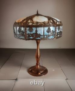 Antique Bent Slag Glass 25 Lamp With Filigree Scenic Overlay On Brass Base
