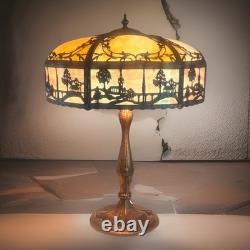 Antique Bent Slag Glass 25 Lamp With Filigree Scenic Overlay On Brass Base