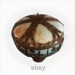 Antique Bent Slag Glass 25 Lamp With Filigree Scenic Overlay On Brass Base