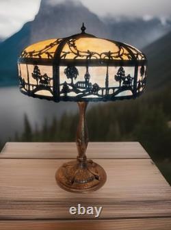 Antique Bent Slag Glass 25 Lamp With Filigree Scenic Overlay On Brass Base