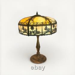 Antique Bent Slag Glass 25 Lamp With Filigree Scenic Overlay On Brass Base
