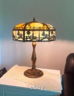 Antique Bent Slag Glass 25 Lamp With Filigree Scenic Overlay On Brass Base
