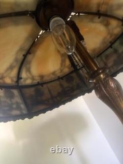Antique Bent Slag Glass 25 Lamp With Filigree Scenic Overlay On Brass Base