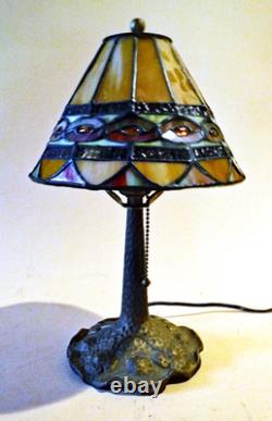 Antique Boudoir Accent Lamp Base + New Signed Stain Glass Leaded Shade