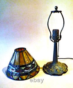 Antique Boudoir Accent Lamp Base + New Signed Stain Glass Leaded Shade