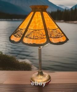 Antique Bradley & Hubbard Slag Glass 21 Brass Table Lamp With Brass Overlay