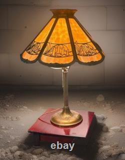 Antique Bradley & Hubbard Slag Glass 21 Brass Table Lamp With Brass Overlay