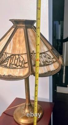 Antique Bradley & Hubbard Slag Glass 21 Brass Table Lamp With Brass Overlay