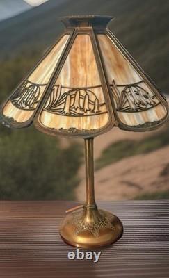 Antique Bradley & Hubbard Slag Glass 21 Brass Table Lamp With Brass Overlay