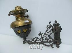 Antique Brass Oil Lamp & Iron Wall bracket Holder Vintage Chimney Shade Old 1897