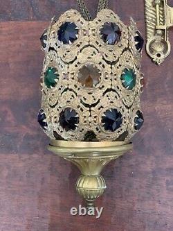 Antique Brass Ormolu Jeweled Shade Fairy Sanctuary Pull Down Lamp Victorian