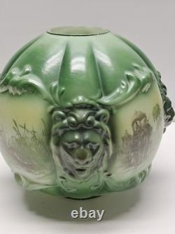 Antique Consolidated Glass Green Lamp Shade Globe Puffy Face Lion Head Rare