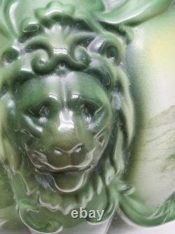Antique Consolidated Glass Green Lamp Shade Globe Puffy Face Lion Head Rare