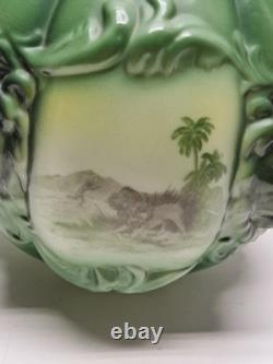 Antique Consolidated Glass Green Lamp Shade Globe Puffy Face Lion Head Rare