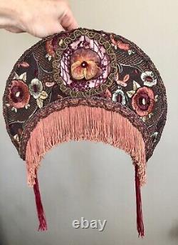 Antique Crescent Moon Lamp Shade Fringe Hand Sewn Victorian Art Deco Nouveau vtg