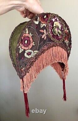 Antique Crescent Moon Lamp Shade Fringe Hand Sewn Victorian Art Deco Nouveau vtg